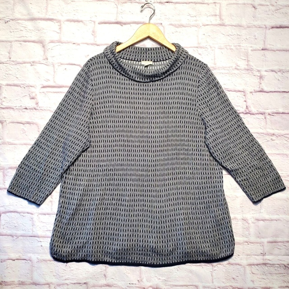 Talbots Plus Cowl Neck Tunic Sweater Womens 2X Blue White Geometric Casual Cozy